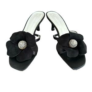 Ramon Tenza Black Satin Sandals Rhinestone Flower Heeled Mules Women’s Size 7